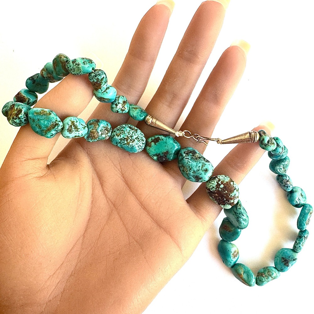 VTG Navajo Turquoise Necklace Irregular 43g Nugget 18in Bead Sterling Cones 60s